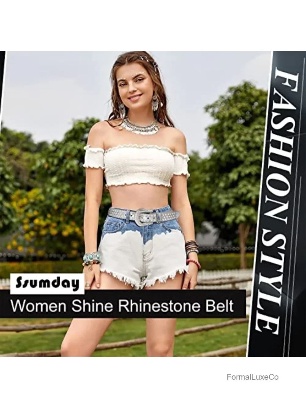 Genuine Leather Rhinestone Studded Belt for Jeans with Silver Buckle
